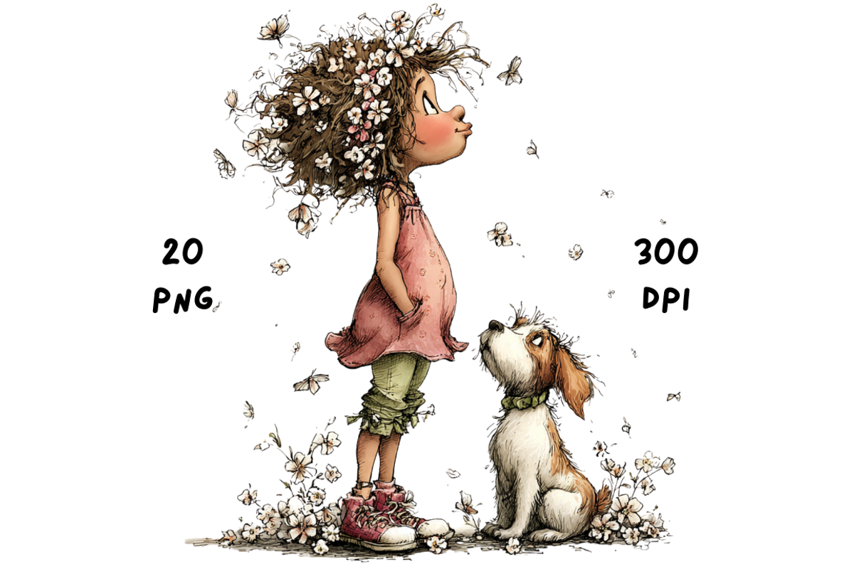 Whimsical Floral Girl and Puppy, an Animal Illustration by GiraffeCreative (Photo 3 of 20)