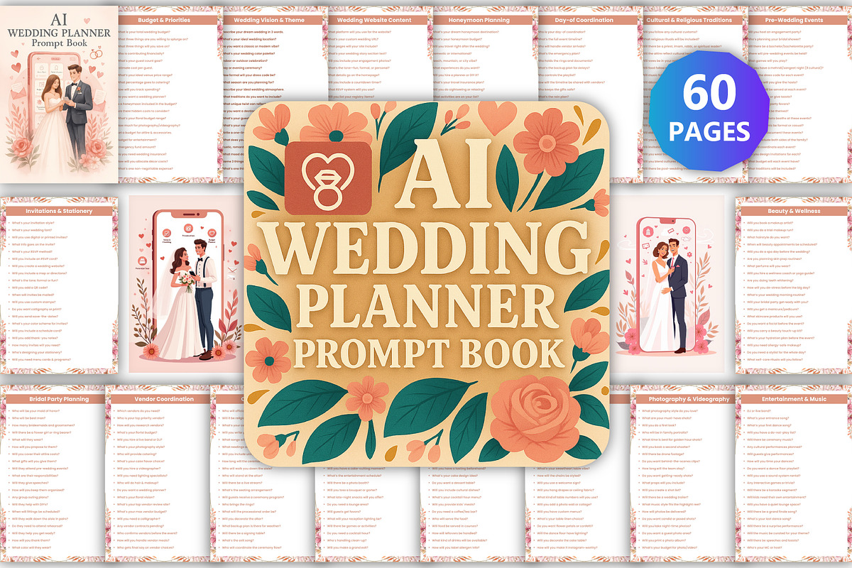AI Wedding Planner Prompt Book, a Stationery Template by Designmela01 (Photo 1 of 6)