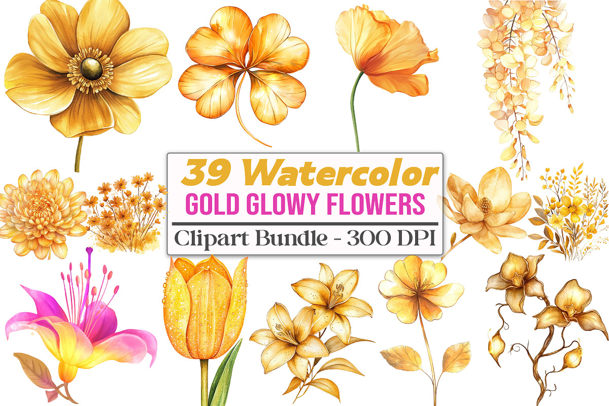 Gold Glowing Flowers Clipart Flower, an Illustration by DreamCafeArt (Photo 1 of 5)