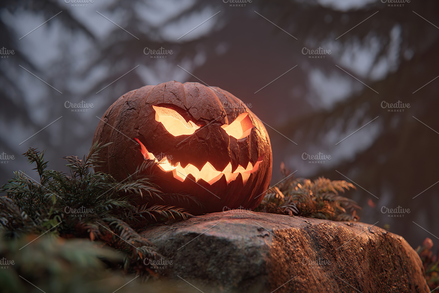 Creepy carved pumpkin glowing in a misty forest during Halloween night, a Holiday Photo by AlyaAnd