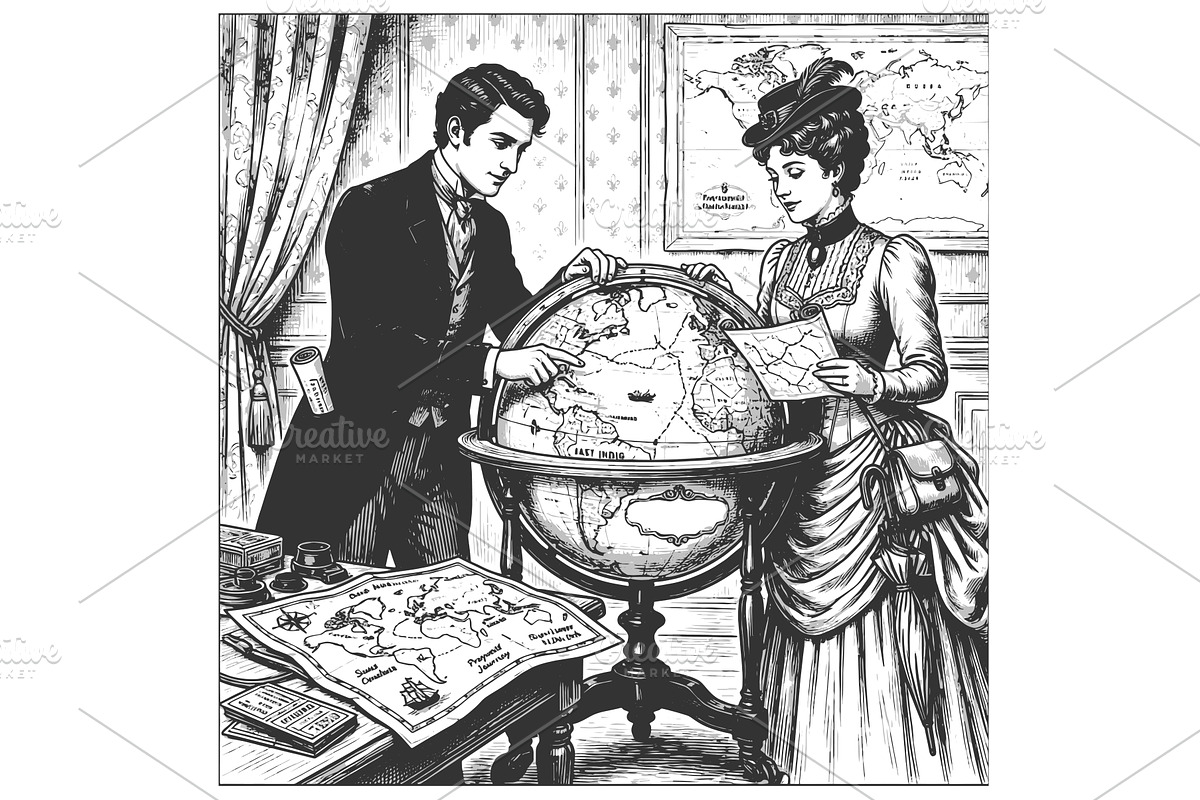 Victorian Travelers Planning Journey, a Person Illustration by AlexArt