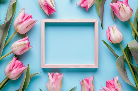 Spring's Elegance: Tulips & Frame on Pastel Blue - A Generative AI Creation, a Photo by José Manuel Gelpi