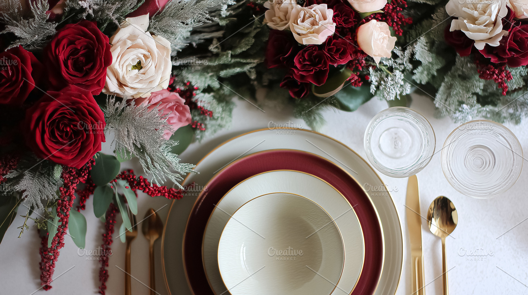 Beautifully arranged place setting on a white tablecloth with burgundy and crea, a Food & Drink Photo by Anneleven