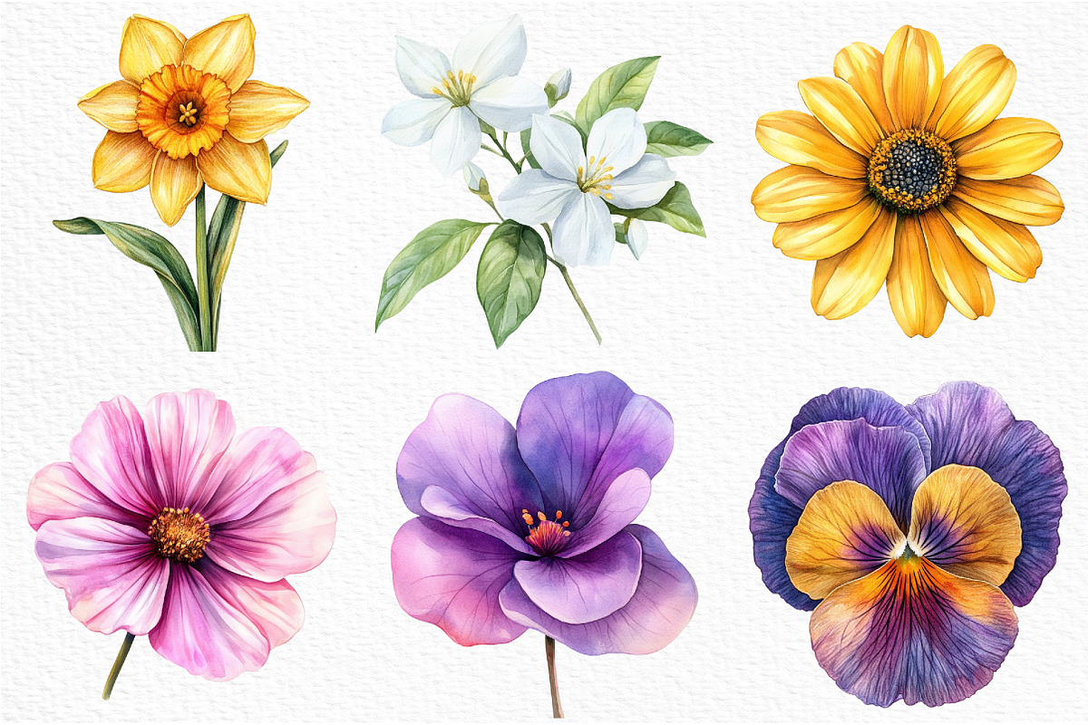 Watercolor Retro Flower Clipart, an Illustration by Craft Nest (Photo 2 of 6)