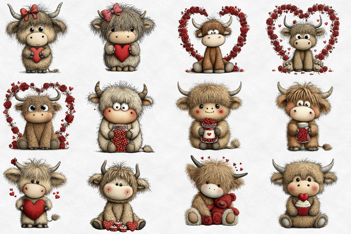Valentine cute Highland cow clipart, an Illustration by Designworld (Photo 2 of 6)