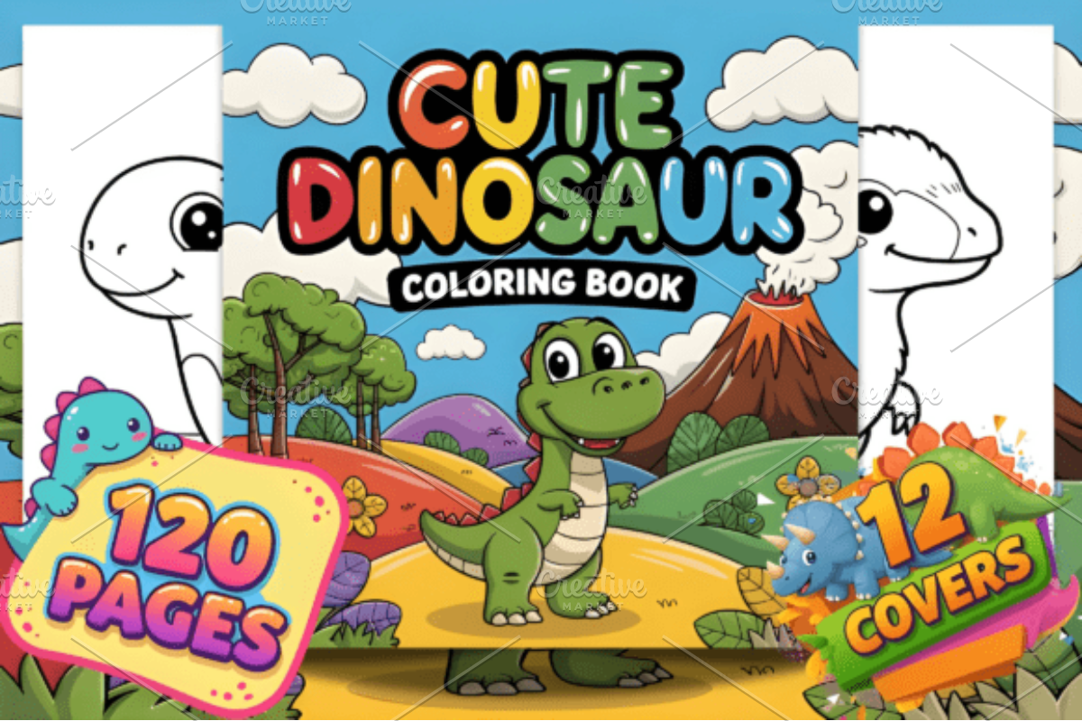 CUTE DINOSAUR COLORING BOOK PAGES, an Animal Illustration by Ink Gallery (Photo 1 of 4)