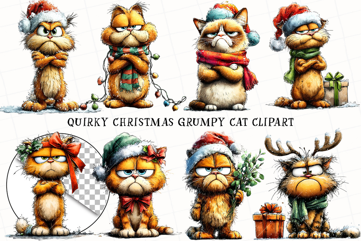 Quirky Christmas Grumpy Cat Clipart, an Illustration by OK Design (Photo 3 of 6)