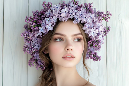 Beauty model girl with wreath on her head from purple lilac flowers, a Person Photo by AlyaAnd