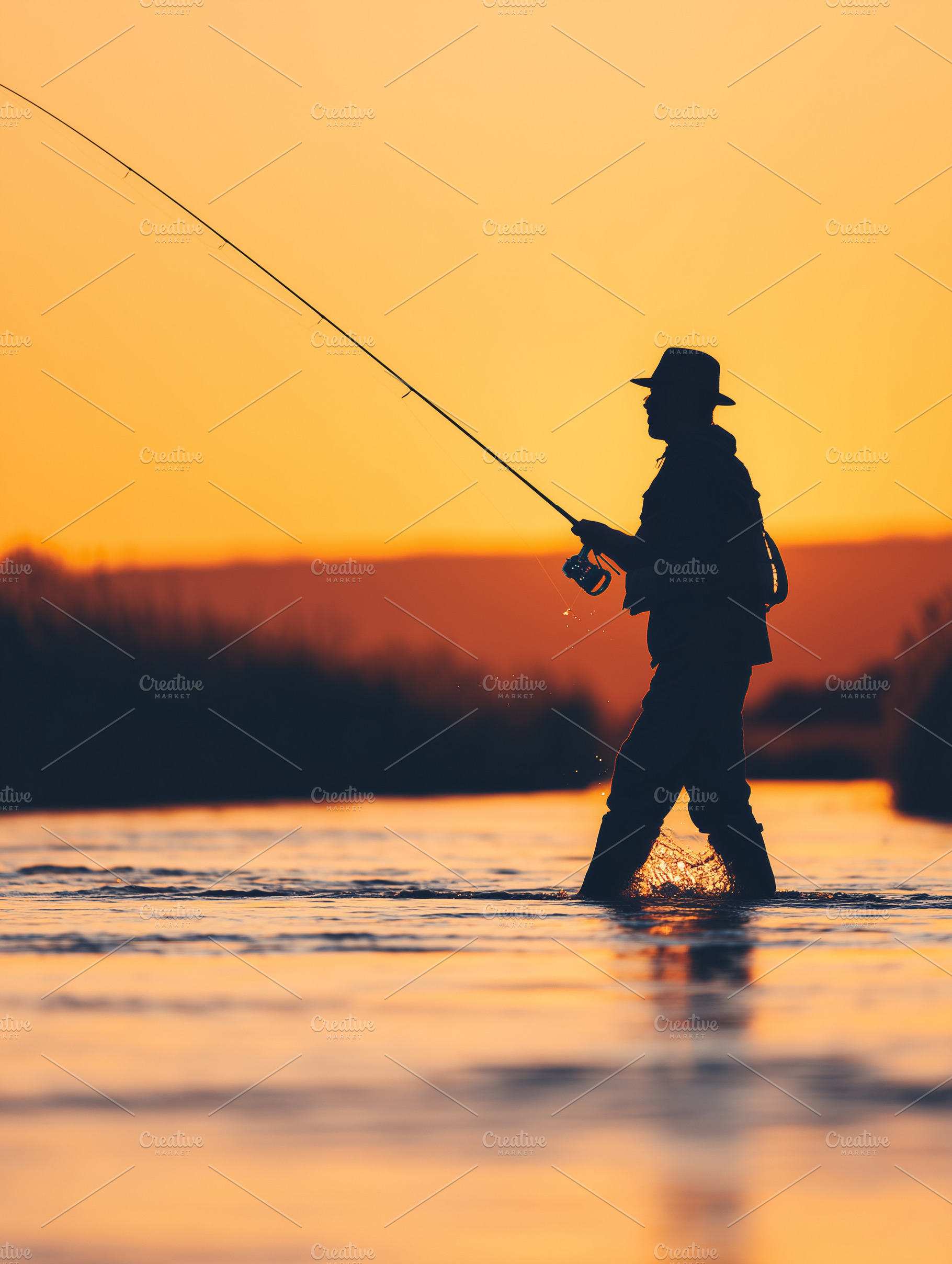 Silhouette of a fisherman fishing in, a Nature Photo by MistyDay