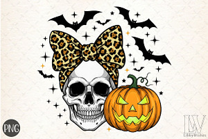 Skull With Bow,Pumpkin Halloween PNG, an Illustration by Libby Wishes