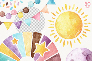 80 Boho Rainbow Watercolor Elements