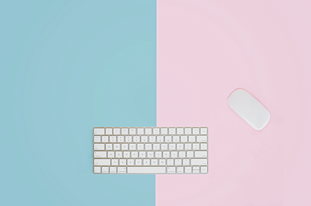 Pink/Blue Desk with keyboard & mouse, a Business Photo by Emma Kate Creative