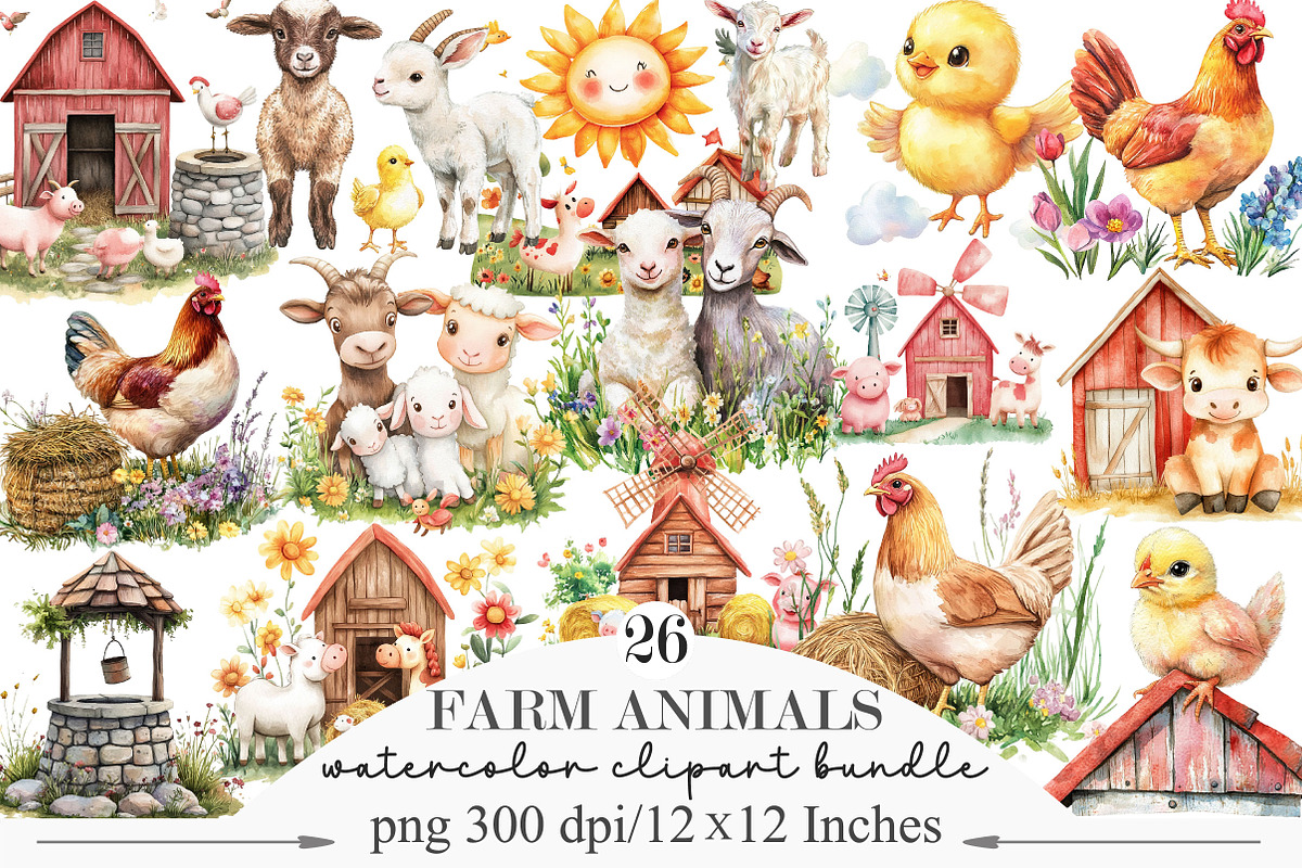 Watercolor Farm Animals Clipart Set, an Illustration by Designking (Photo 1 of 5)