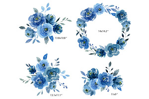 Watercolor Indigo Blue Flowers Roses