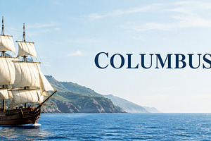 Columbus Day 12 October text beside historic sailing ship at sea, a Photo by Dvoevnore photos