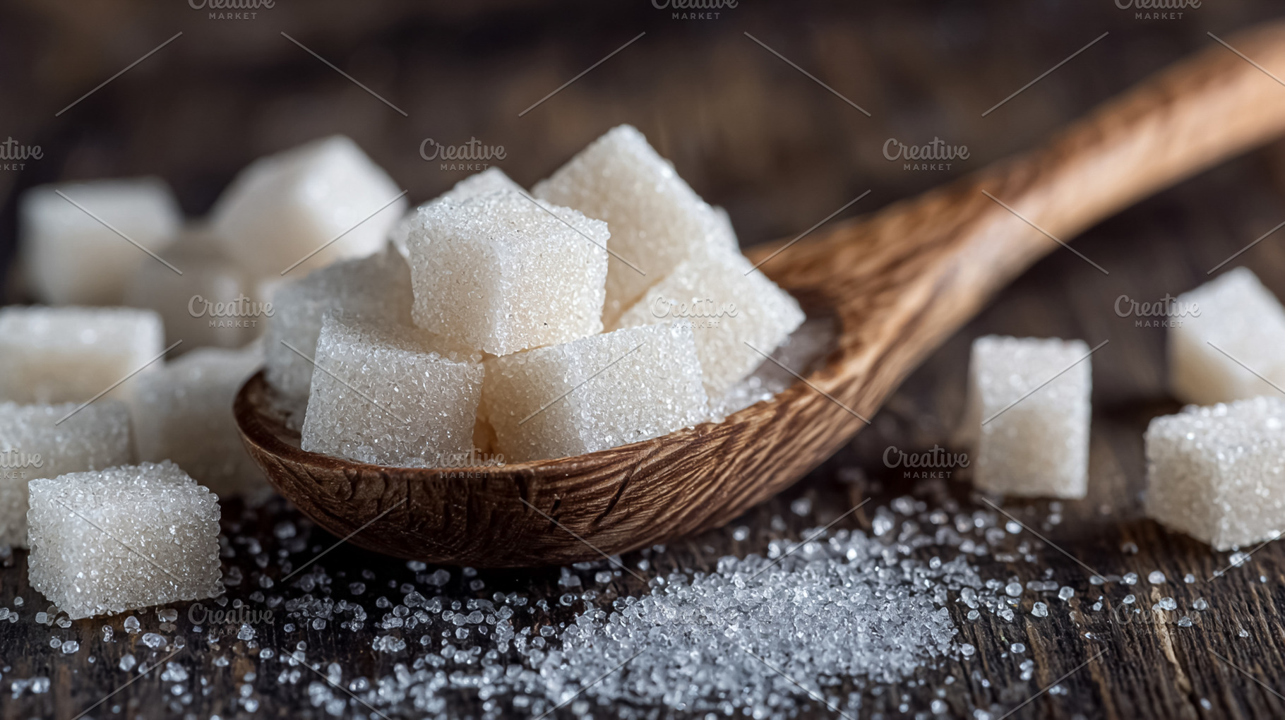 Sugar cubes filling a wooden spoon, indicating sweetness, unheal, a Photo by Studio ANNA