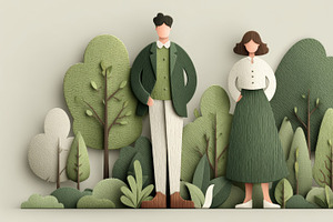 Ecology themed couple in a woodland scene, paper art style, sustainable living, an Illustration by AS photostudio