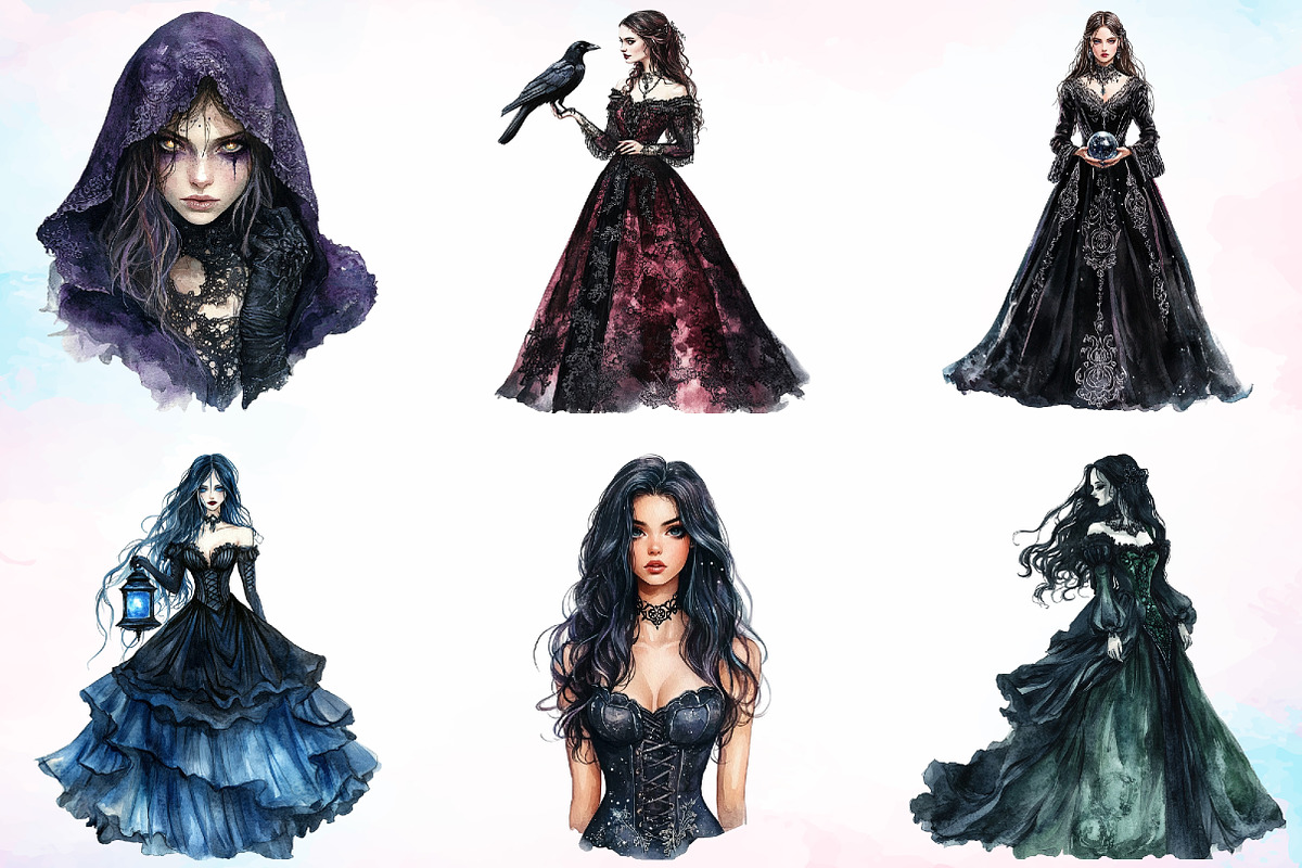 Gothic Princess Watercolor Clipart, an Illustration by Canvas Craft (Photo 2 of 3)