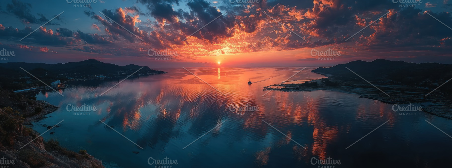 Colorful sunset over tranquil sea with dramatic clouds, distant, a Nature Photo by José Manuel Gelpi