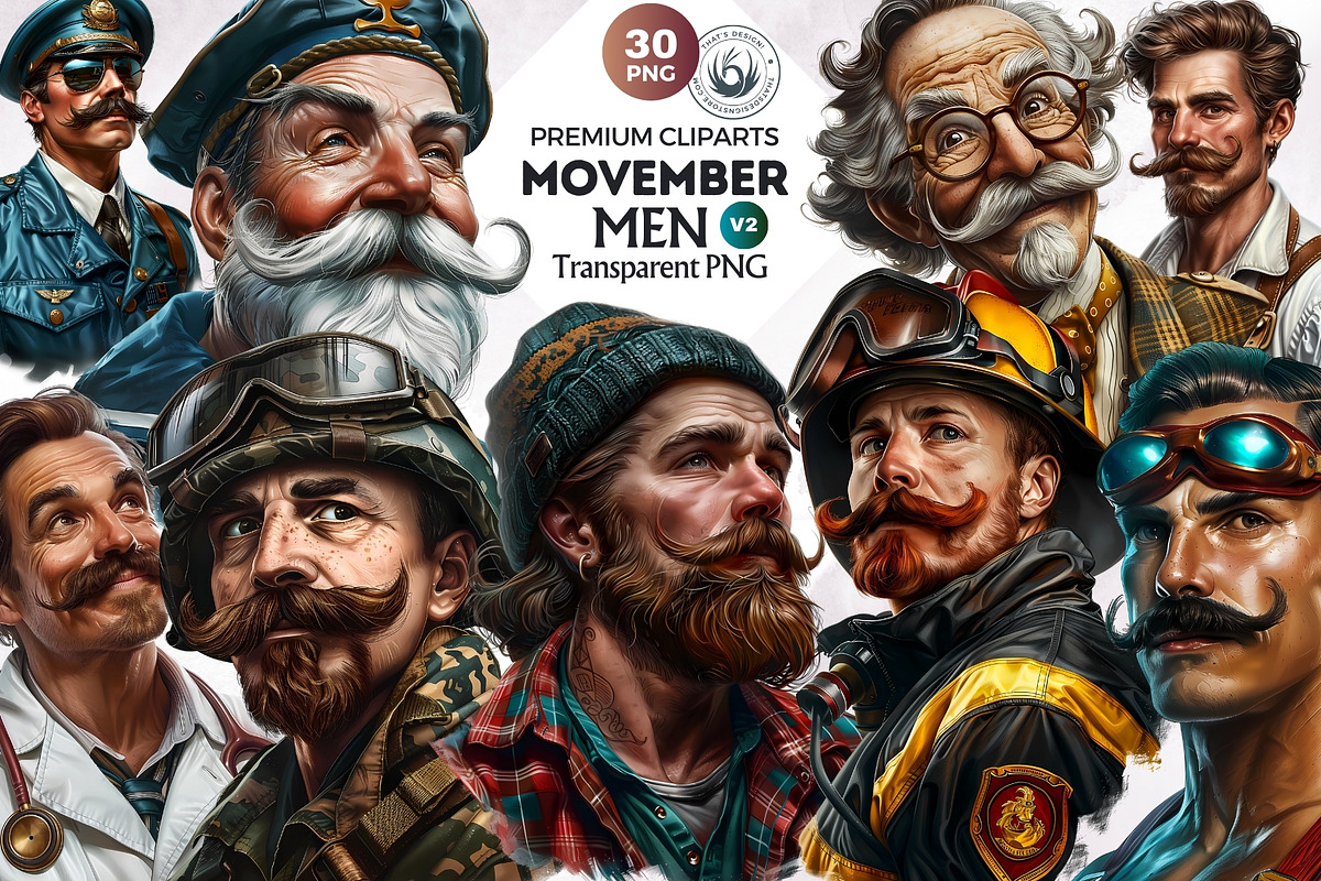 Movember Men Clipart Set v2, a Person Illustration by ThatsDesign Art