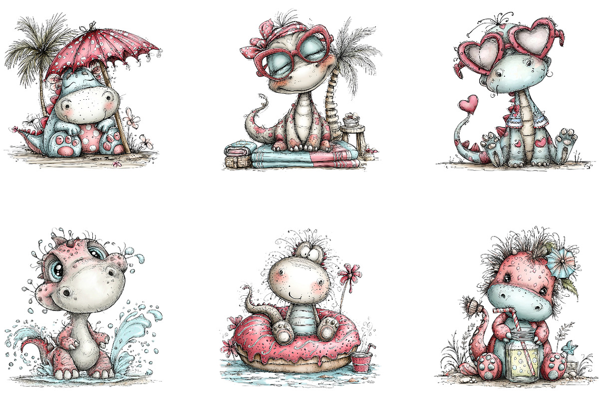 Cute Watercolor Beach Dino, a Seasonal Illustration by CreationArt (Photo 3 of 5)