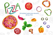 Watercolor elements of PIZZA, a Food Illustration by Olha Kalyta (Thumbnail 2 of 6)