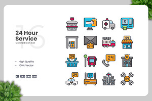 24 Hour Service Colored Icons, an Icon by Upnowgraphic