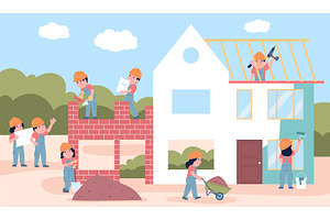 Kids building house site. Children, an Illustration by LadadikArt