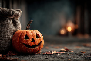 Smiling jack-o'-lantern pumpkin beside burlap sack with blurred, a Food & Drink Photo by José Manuel Gelpi
