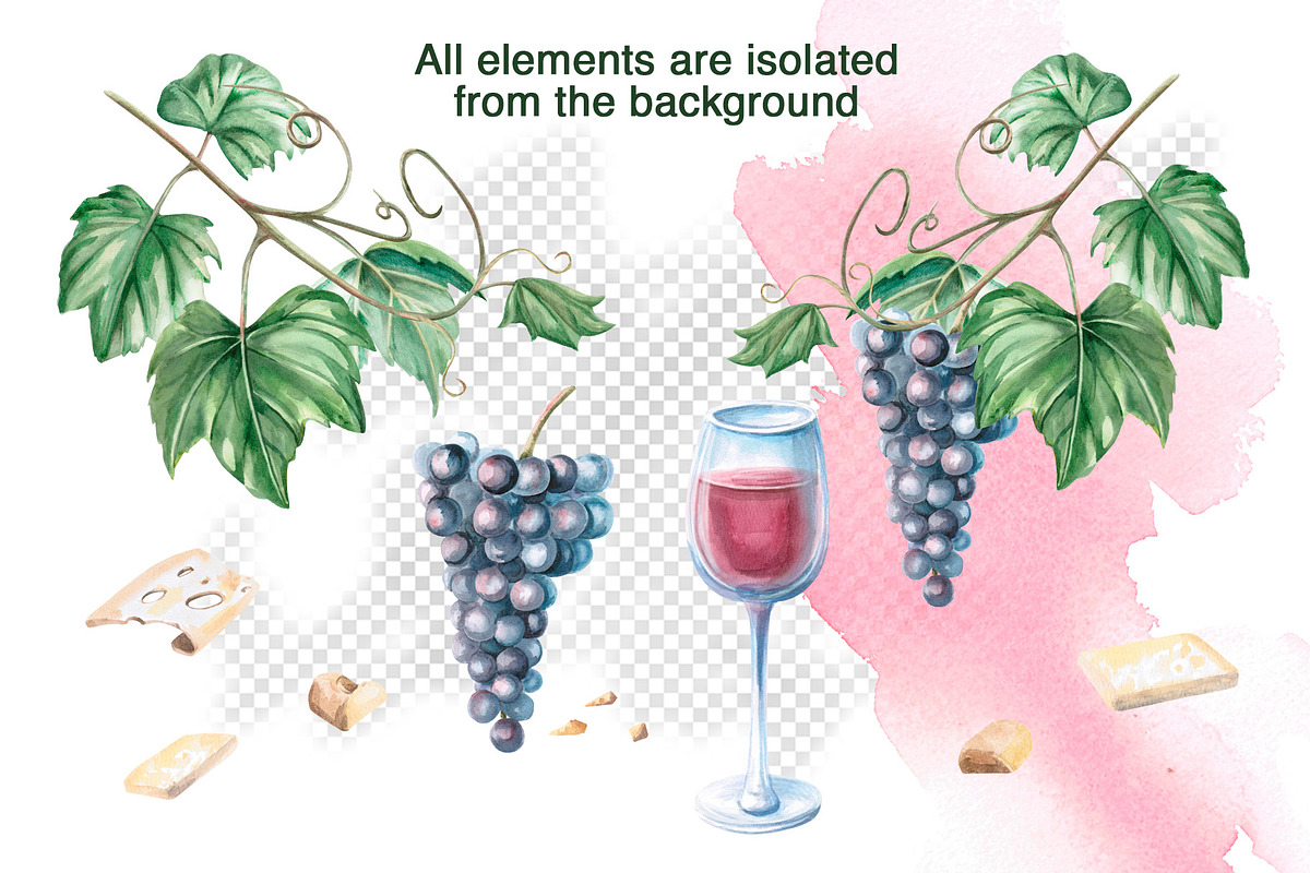 Wine and Grapes,watercolor clip art, a Food Illustration by SvetLana (Photo 3 of 16)