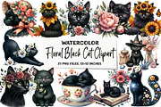 Watercolor Floral Black Cat Clipart, an Illustration by DreamArtGraphic (Thumbnail 1 of 5)
