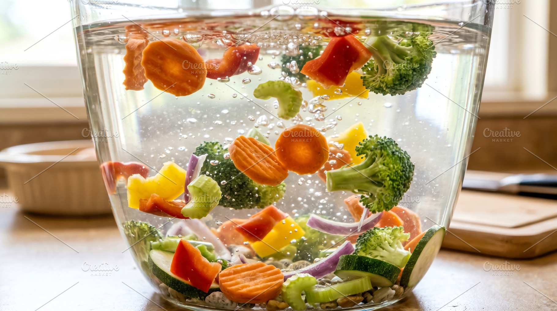 Fresh Vegetables Floating in Water Bowl, a Food & Drink Photo by Davizro's Market