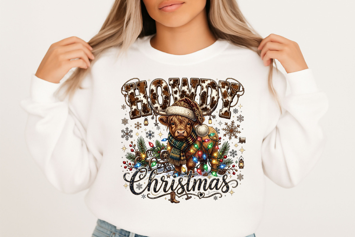 Howdy Christmas Highland Cow PNG, a Seasonal Illustration by Designking (Photo 1 of 6)