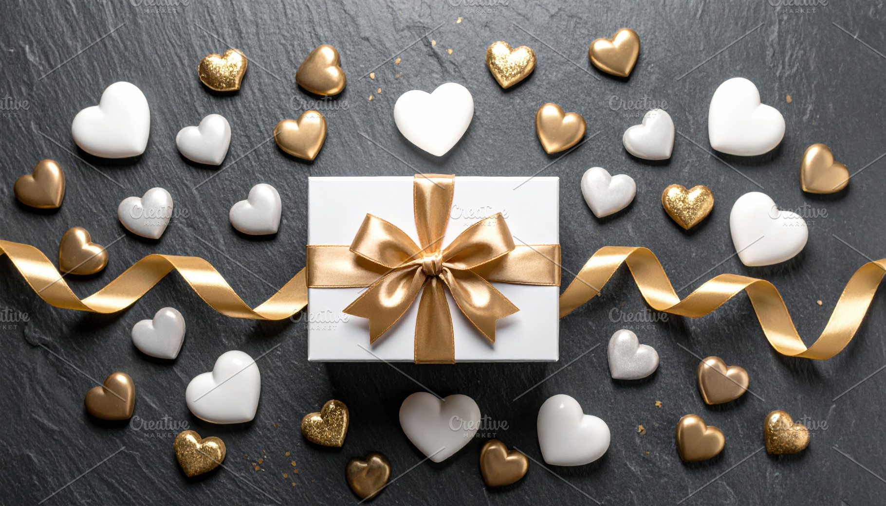 White gift box with gold ribbon and hearts, a Holiday Photo by Davizro's Market