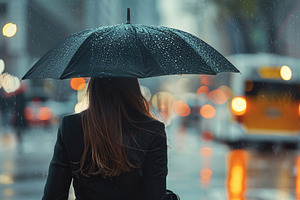 Businesswoman with black umbrella walking in the rain, a Business Photo by AlyaAnd