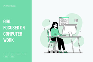 Girl Focused on Computer Work, a Work Illustration by Partikusi Design