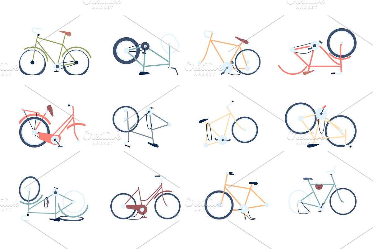 Broken bikes. Bicycle with flat, a Transportation Illustration by LadadikArt