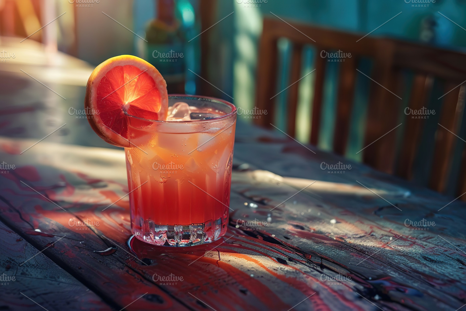 Red grapefruit cocktail in glass on wooden table, a Food & Drink Photo by AlyaAnd