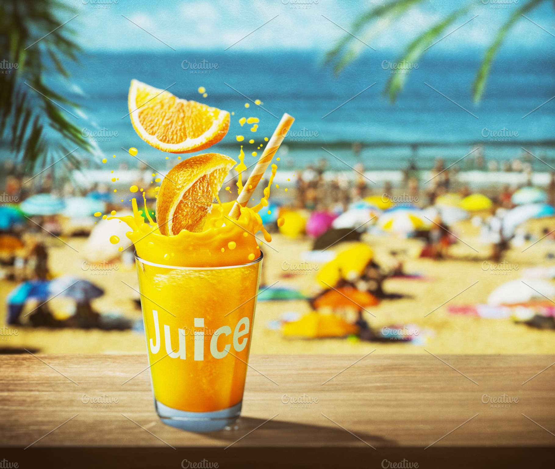 Glass of orange juice with drink splash. Blurred photo of crowde, a Food & Drink Photo by Volff
