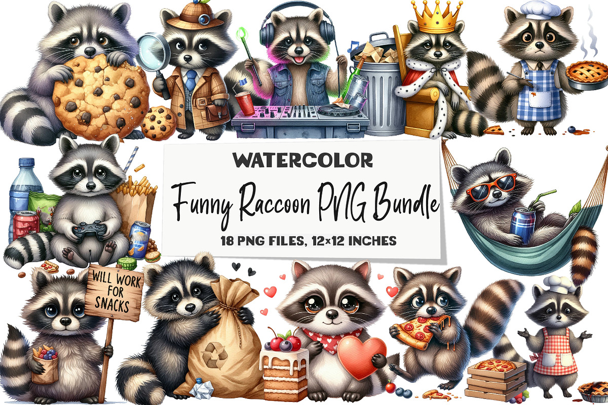 Funny Raccoon PNG Bundle Sublimation, an Illustration by DreamArtGraphic (Photo 1 of 5)