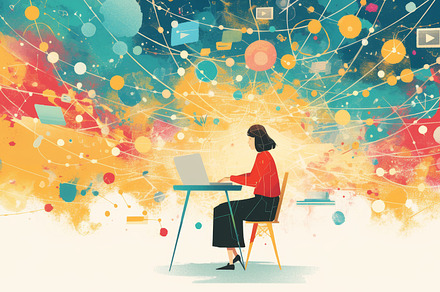 Woman working on laptop surrounded by digital data network art, an Illustration by AS photostudio