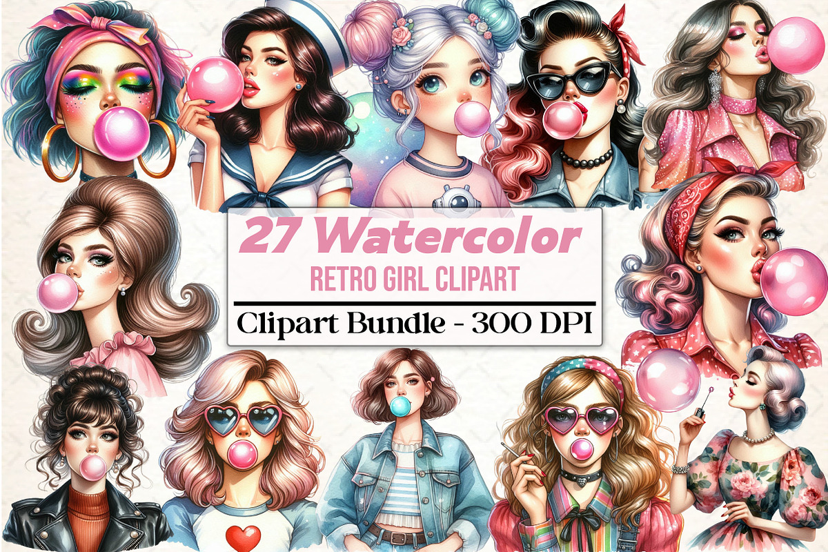 Retro Girl Blowing a Bubblegum, an Illustration by DreamCafeArt (Photo 1 of 5)