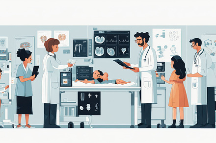 A medical team examines a child pati, a Background Photo by Pixeness