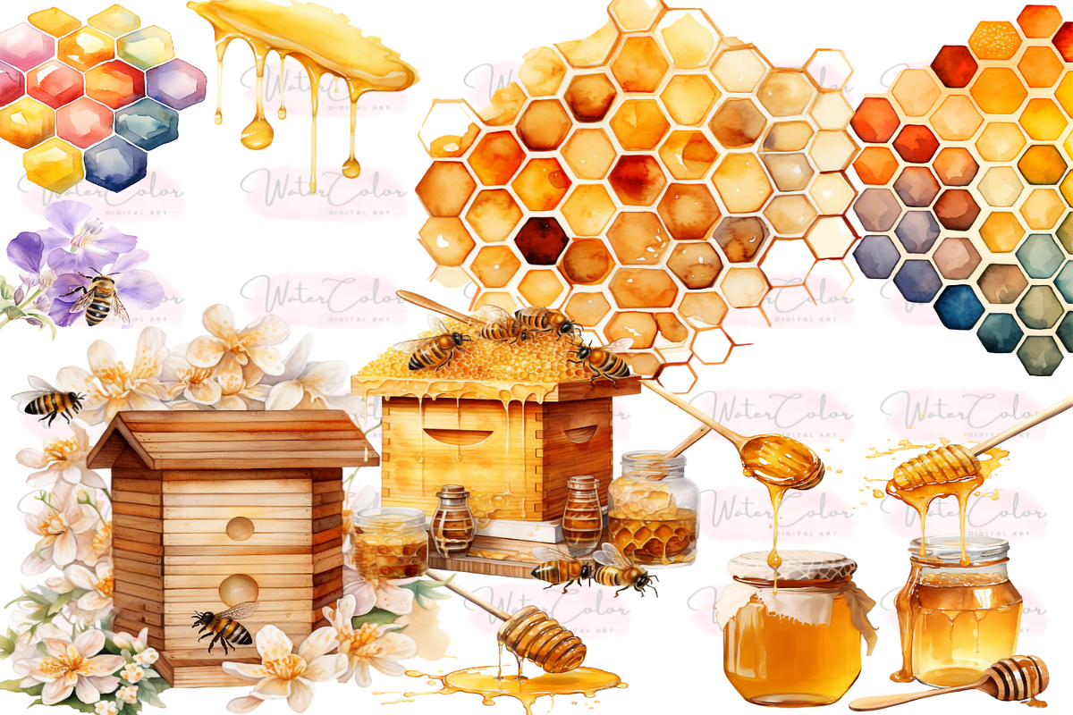 Honey Bee Watercolor Clipart, a Decorative Illustration by Watercolor Digital (Photo 3 of 7)