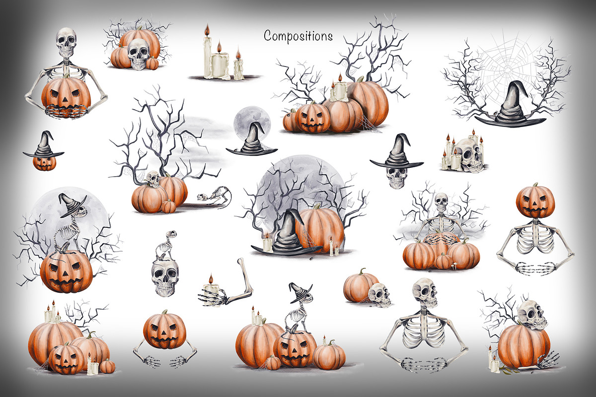 Halloween pumpkins and skeletons, an Illustration by Alena Sid (Photo 6 of 12)