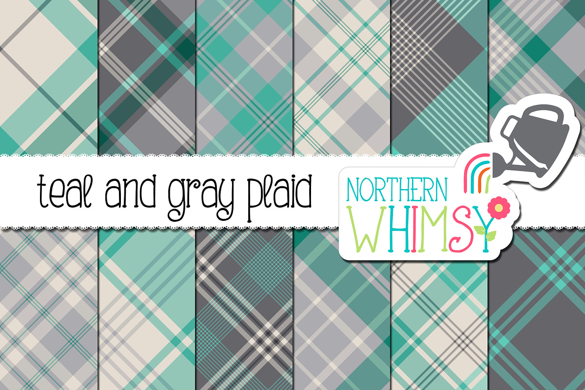Teal and Gray Diagonal Plaid, a Pattern Graphic by Northern Whimsy Design