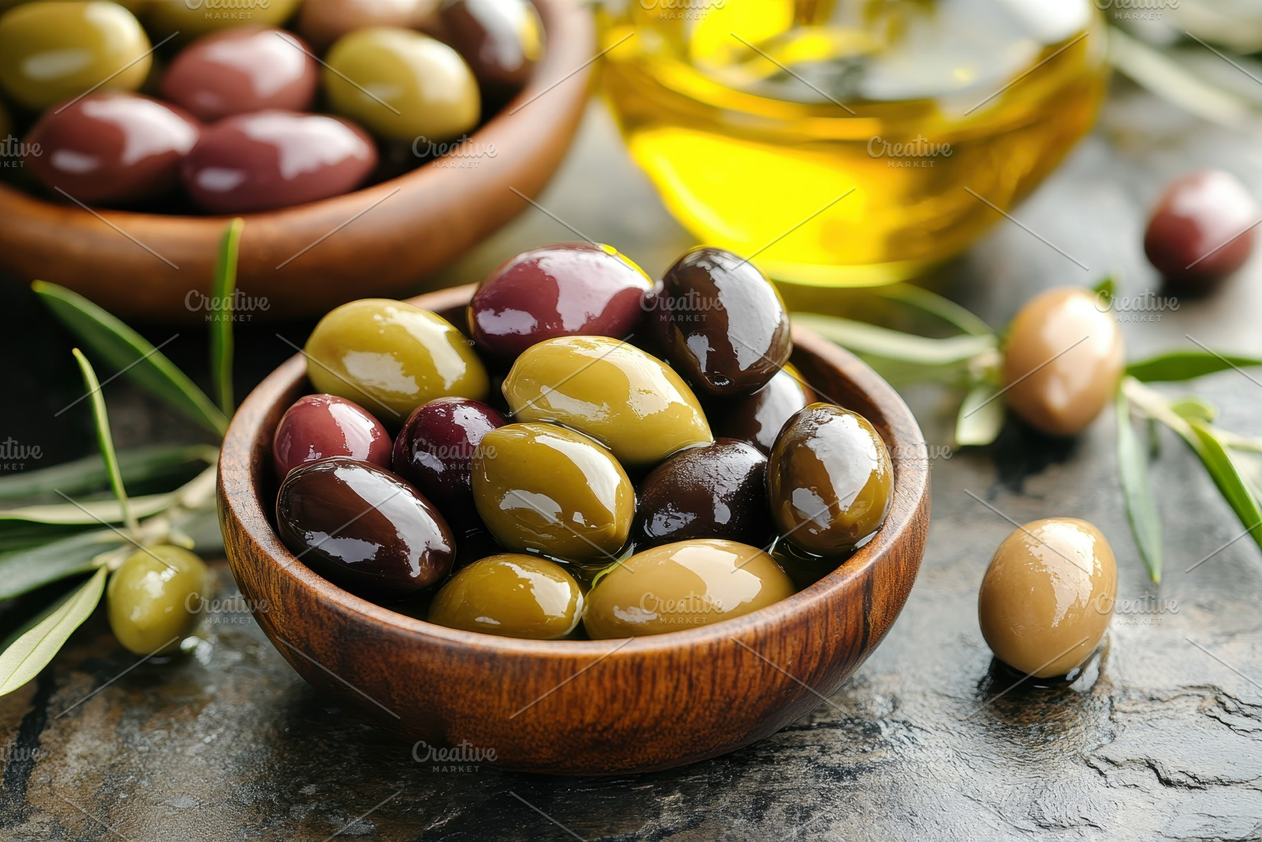 Assorted olives presented in bowls, a Photo by Pavel_design