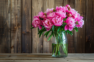 Fresh bouquet of peony flowers in vase on wooden background, a Nature Photo by AlyaAnd