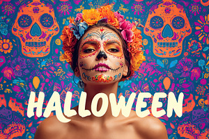 Colorful Day of the Dead celebration with woman in traditional makeup and flora, a Person Photo by AlyaAnd