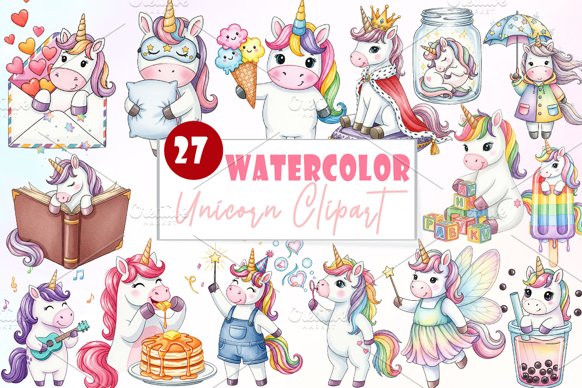 Unicorn Watercolor Clipart, an Illustration by Watercolor design (Photo 1 of 6)